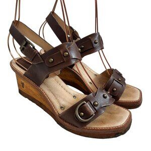 Frye wedge sandals brown leather size 7 wood high heel strappy square toe buckle
